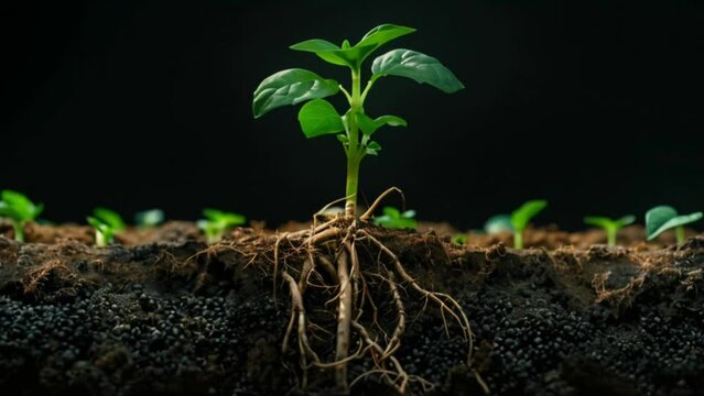 young plants and seedlings growing in rich soil with roots showing Generative AI