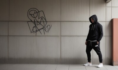 A young person in urban attire stands contemplatively before a stark graffiti backdrop. The contrast between the modern outfit and the street art creates a strong visual statement.