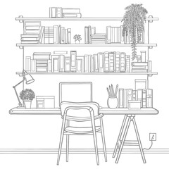 Outline Illustration for The study room has bookshelves and many book in there