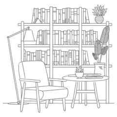 Outline Illustration for The study room has bookshelves and many book in there