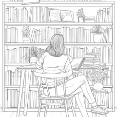 Outline Illustration for people reading in the study room has bookshelves and many book in there