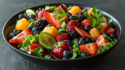 A bowl brimming with a fresh fruit salad, including berries, citrus, and greens, on a dark stone...