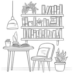 Outline Illustration for in the study room has bookshelves and many book in there