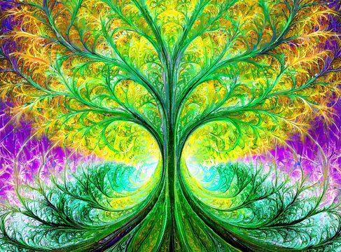 Abstract image. Mysterious psychedelic tree. Sacred geometry. Fractal Wallpaper pattern desk.