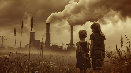 Children Power Plant Environmental Pollution Problem Global Warming, Generative AI  - obrazy, fototapety, plakaty