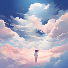 Girl wallking in clouds. Minimal illustration for Valentine's Day. Love is in the air.