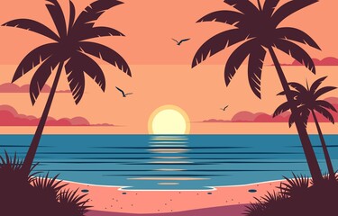 Flat Design Sea Nature View With Sunset Golden Sky