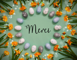 Easter Egg Decoration, Spring Flowers, French Text Merci Means Thank You