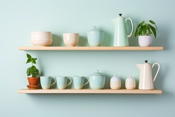 Fototapeta na wymiar A harmonious display of kitchen ceramics in soft hues on wooden shelves, offering a serene and organized kitchen environment