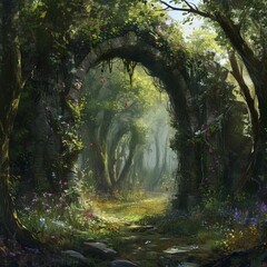 An enchanted forest archway leading into a mystical pathway, evocative of fairy tales and adventure, perfect for fantasy literature or game environments.