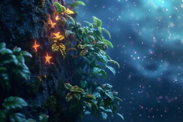 Fototapeta na wymiar Ivy and leaves on a tree trunk with starry sparks, invoking a fantasy world atmosphere, perfect for magical story backgrounds or nature-inspired designs.