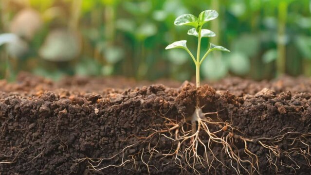 young plant seedling growing in rich soil with roots in sunlight Generative AI