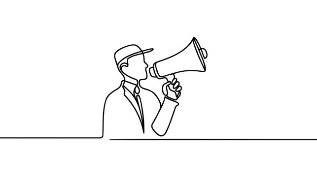 One continuous single drawn line art doodle megaphone, man, people, announcement, business,refer, friend . Isolated image hand drawn continuous outline white background.