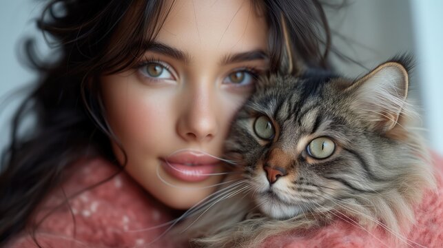 Ethereal Charm. Exquisite Woman Holding a Striking Siberian Cat with Intent Eyes