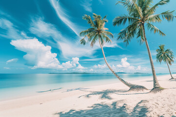 Beautiful tropical beach banner. White sand and coco palms travel tourism wide panorama background concept. Amazing beach landscape