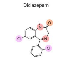 Chemical organic formula of Diclazepam diagram hand drawn schematic vector illustration. Medical science educational illustration