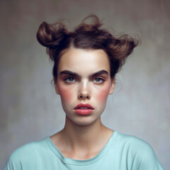 Teen girl with playful hair buns looking stern and stubborn