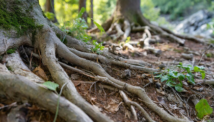 Fototapeta premium Close-up of forest floor with big tree trunk roots. Beautiful nature. Spring or summer season. Blurred forest