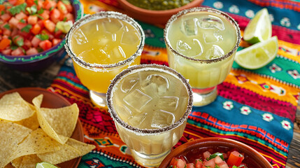 High Angle View of Colorful Margarita Cocktails with Surrounding Nachos, Salsa and Chips on Vibrant Mexican Table Cloth for Cinco de Mayo Projects in Horizontal Format
