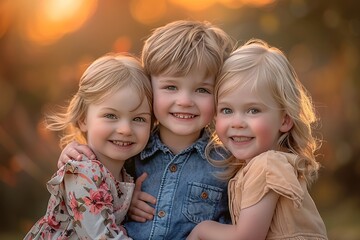 Fototapeta premium Three young children are smiling and hugging each other in a photo