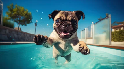 Foto op Canvas A pug dog jumps merrily into the pool. Training and active games with pets and popular dog breeds during the summer holidays. A playful pug puppy is having fun in the pool - jumping and diving © Nonna