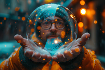 An individual trapped inside a transparent bubble, reaching out for connection with a world beyond. Concept of isolation in mental health struggles. Generative Ai.