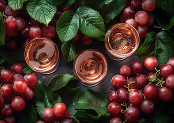 Elegant Rosé Wine Tasting Experience Surrounded by Lush Grape Clusters and Leaves
