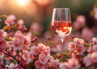 Rosé Wine Elegance, A Toast to Spring Amidst Blossoming Cherry Trees at Sunset - 765185944