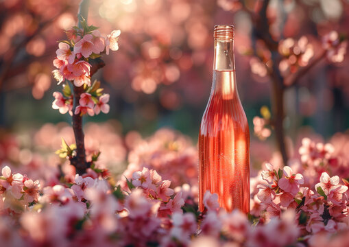 Springtime Rosé Wine Bottle Among Blooming Cherry Blossoms in Golden Light