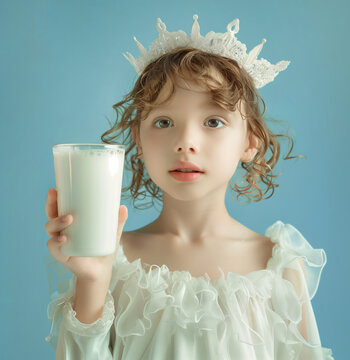 Curly-haired girl in a paper crown holding a glass of milk on a light blue background.