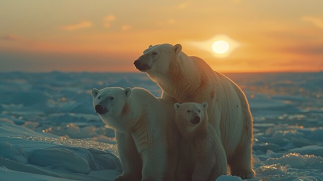 A Polar she-bear with her two cubs in Canadian arctic sunset