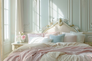 Fototapeta na wymiar Bedroom with pastel colored bedding. Comfortable bed in light bedroom interior. Generative AI