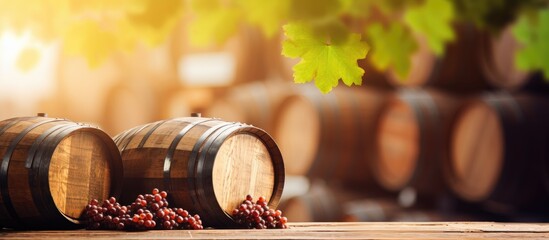 Wine barrels and grapes on a wooden table - obrazy, fototapety, plakaty