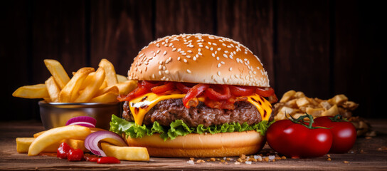 A huge aesthetic beef burger with fries on a wooden board, black background, wide format 2 