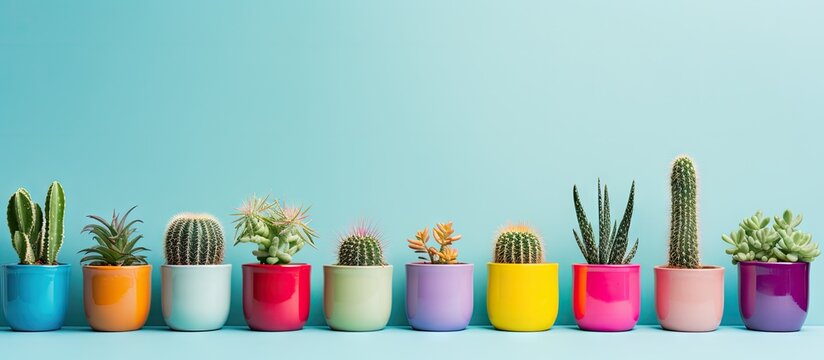 Colorful pots lined up holding cactus plants