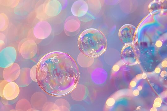 Translucent bubbles floating in a pastel background. Soap bubbles with a gold shimmer. Generative AI