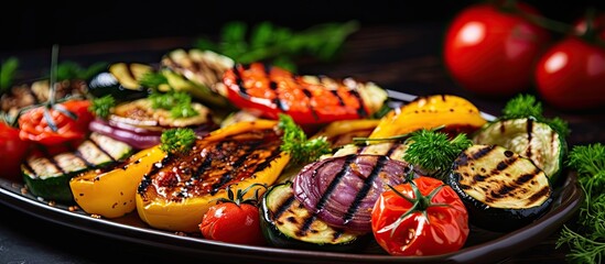 Grilled vegetables on a plate with tomatoes and onions - Powered by Adobe