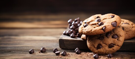 Heart-shaped chocolate chip cookies on wooden board
