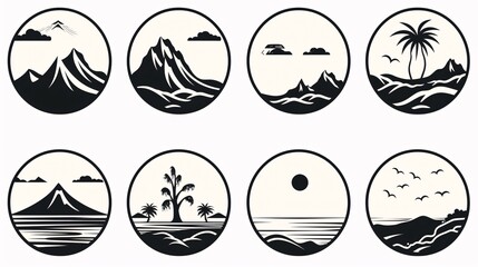 Set of mountains, palms and sea. Vector illustration in black and white colors