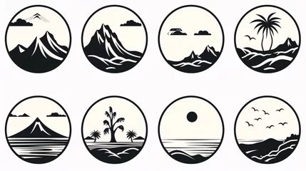 Fototapete Berge Set of mountains, palms and sea. Vector illustration in black and white colors