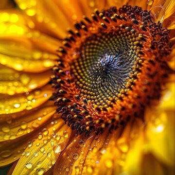 A vibrant close-up of a sunflower with glistening dew drops, showcasing the natural beauty and intricate patterns of flora in nature photography.