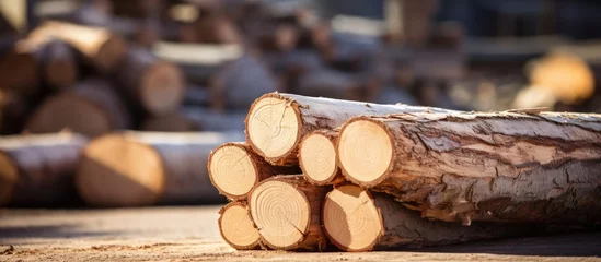 Foto auf Acrylglas Pile of timber logs on wooden surface © Ilgun