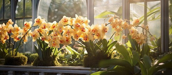 Yellow flowers on a windowsill and Boat Orchid Cymbidium cv in greenhouse - obrazy, fototapety, plakaty