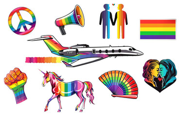 LGBT pride symbols stickers collection over isolates transparent background. Peace, love flag, hand fist, plane, flag, megaphone, unicorn