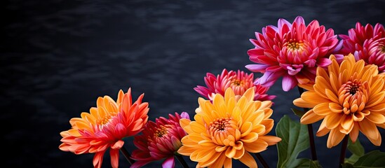 Colorful flowers in vase on dark backdrop