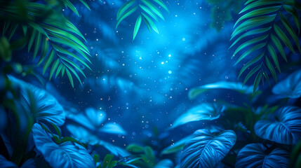 Fototapeta na wymiar Tropical leaves against a mystical blue glow in jungle at night
