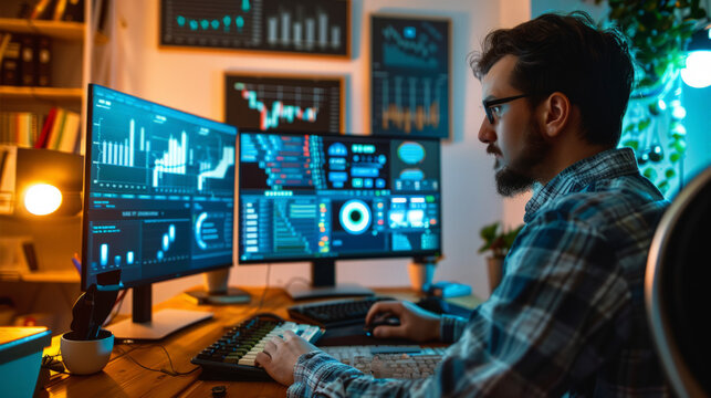 You Tuber in home office making videos and producing content on the computer with metrics board.