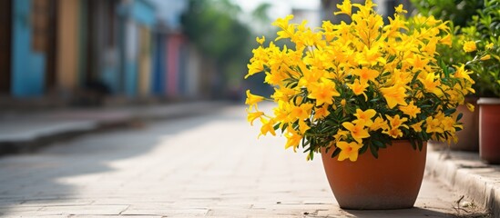 Yellow flowers in a pot on a sidewalk in a city