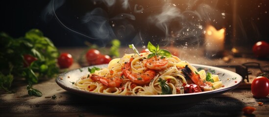 Close-up of a dish of pasta featuring shrimp and tomatoes