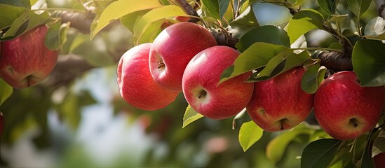Ripe apples hanging from a tree with green leaves